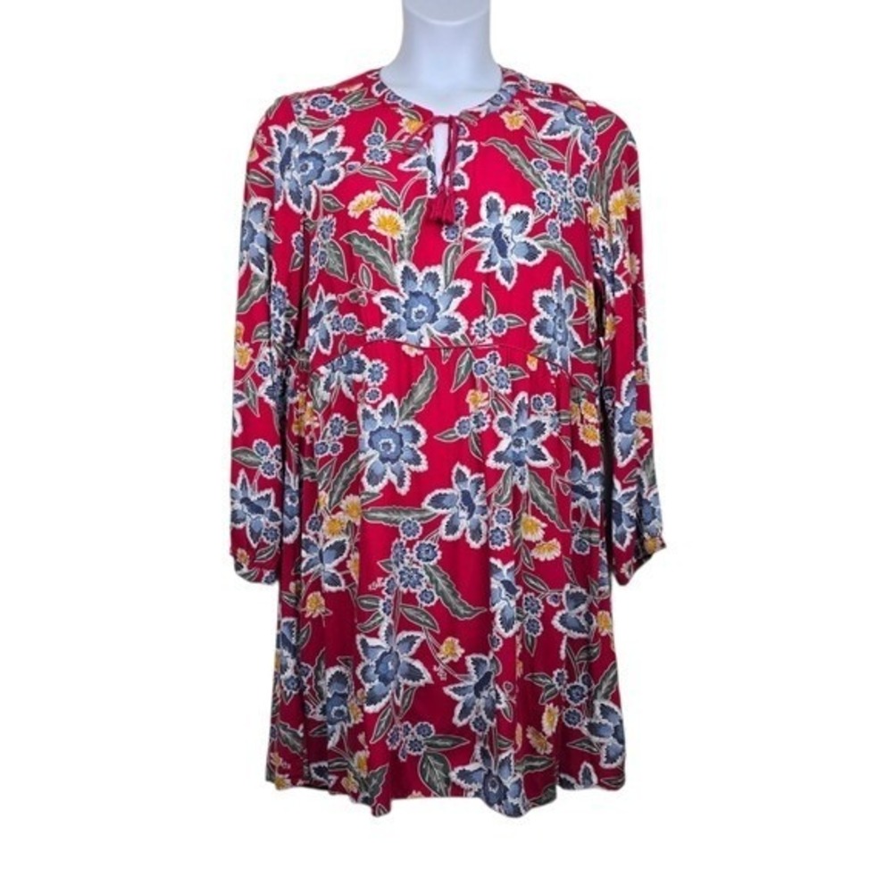 Old Navy Womens Long Sleeve Red Blue Floral Print Tassel Tie Dress Size L NWT